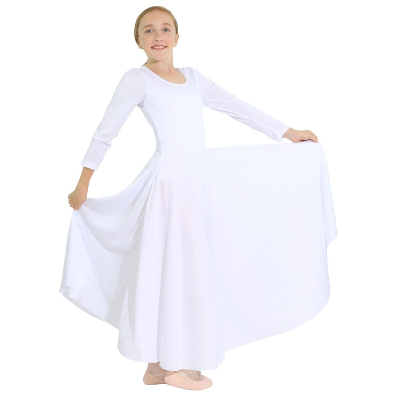 Danzcue Girls Praise Loose Fit Full Length Long Sleeve Dance Dress, White, 12-14 - Image 3